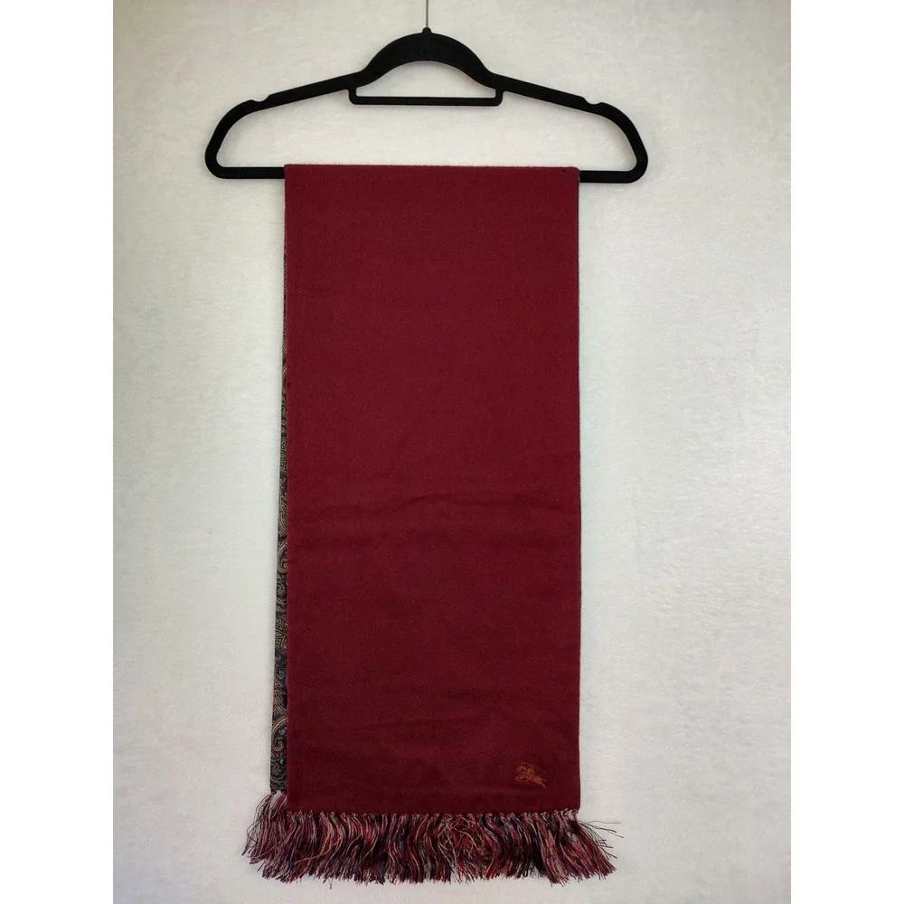 Burberrys Vintage Reversible Scarf Burgundy Cashmere Wool Paisley Silk England